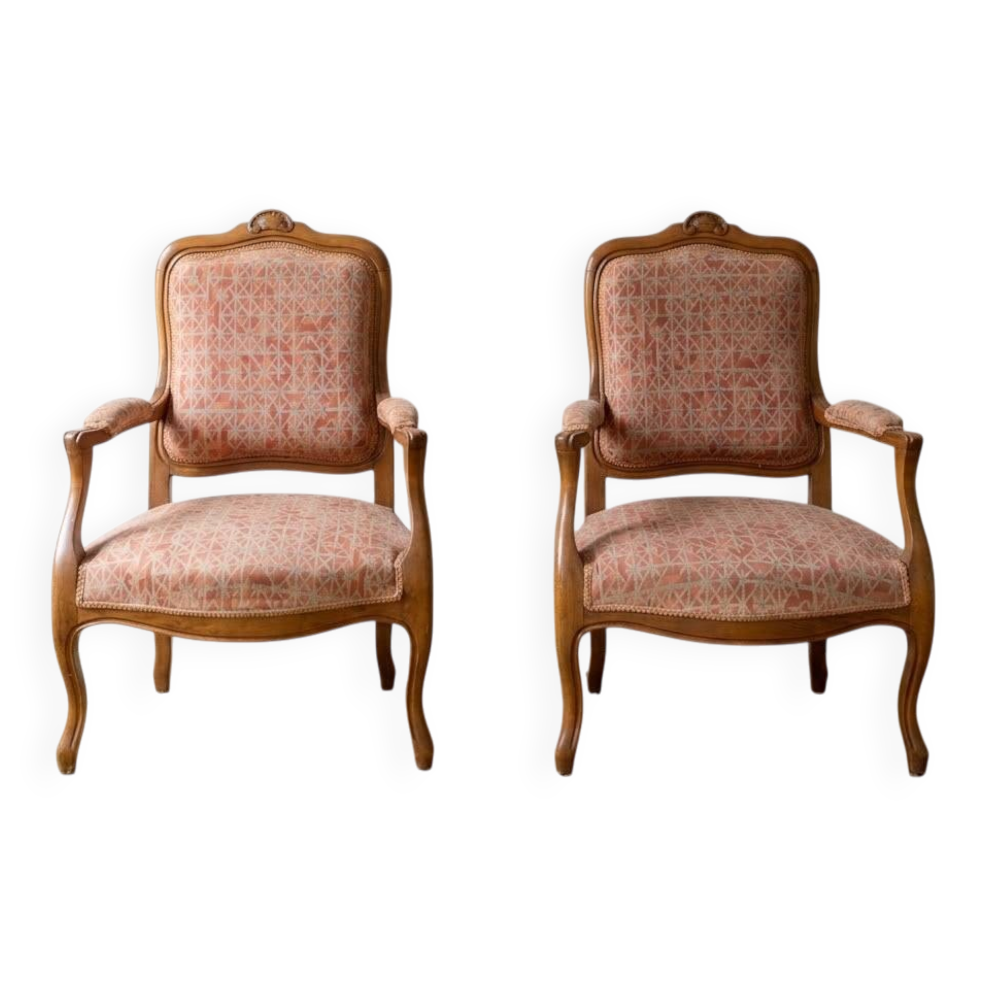Pair of cabriolet armchairs in Louis XV style in light walnut.