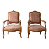 Pair of cabriolet armchairs in Louis XV style in light walnut.