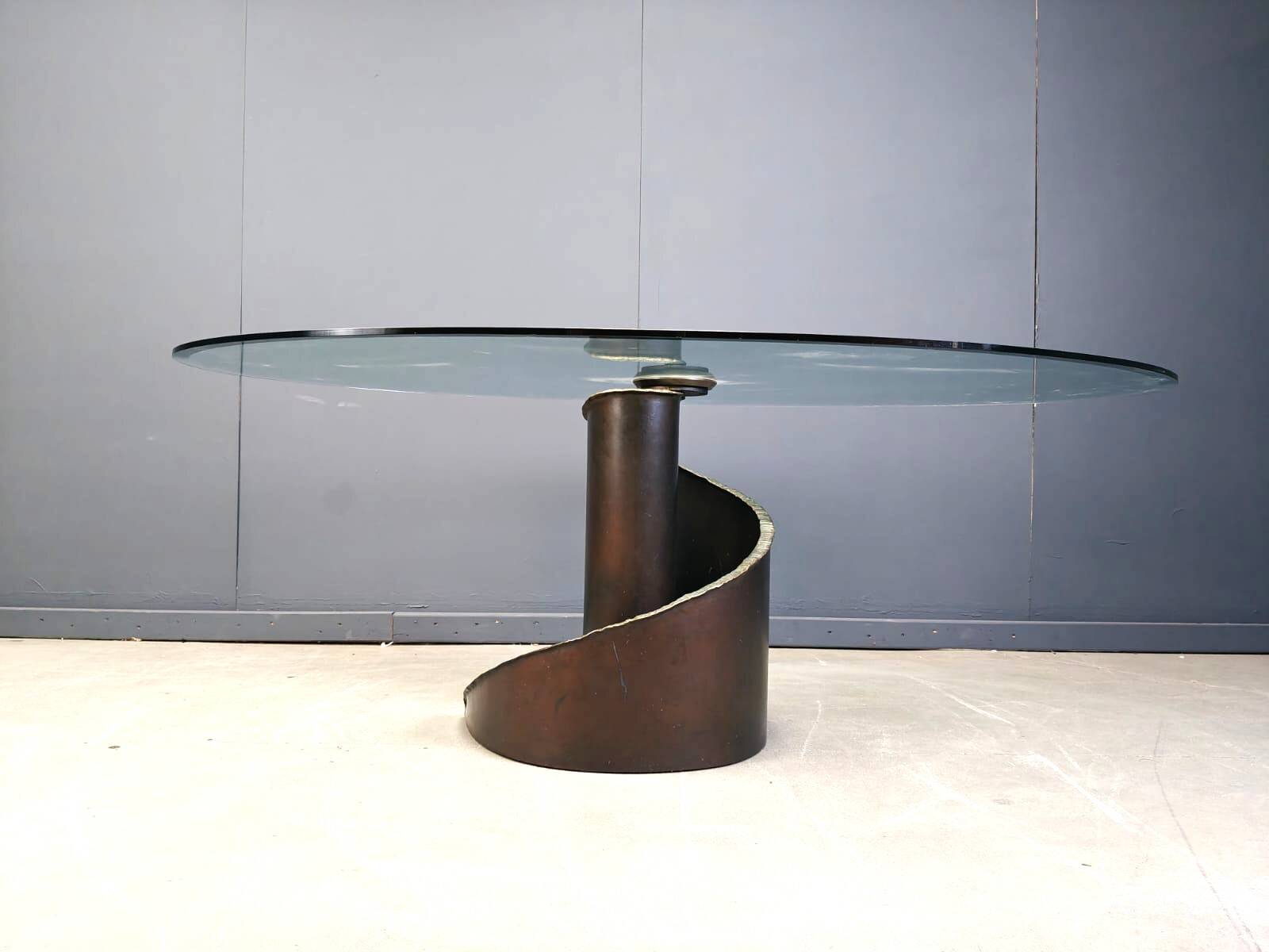 Table de salle à manger en verre et bronze de style brutaliste des années 1990, signée Barilone pour Roche B