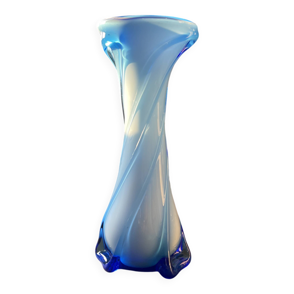 Vase en verre torsadé bleu d’Empoli, Toscane, Florence Italie1950