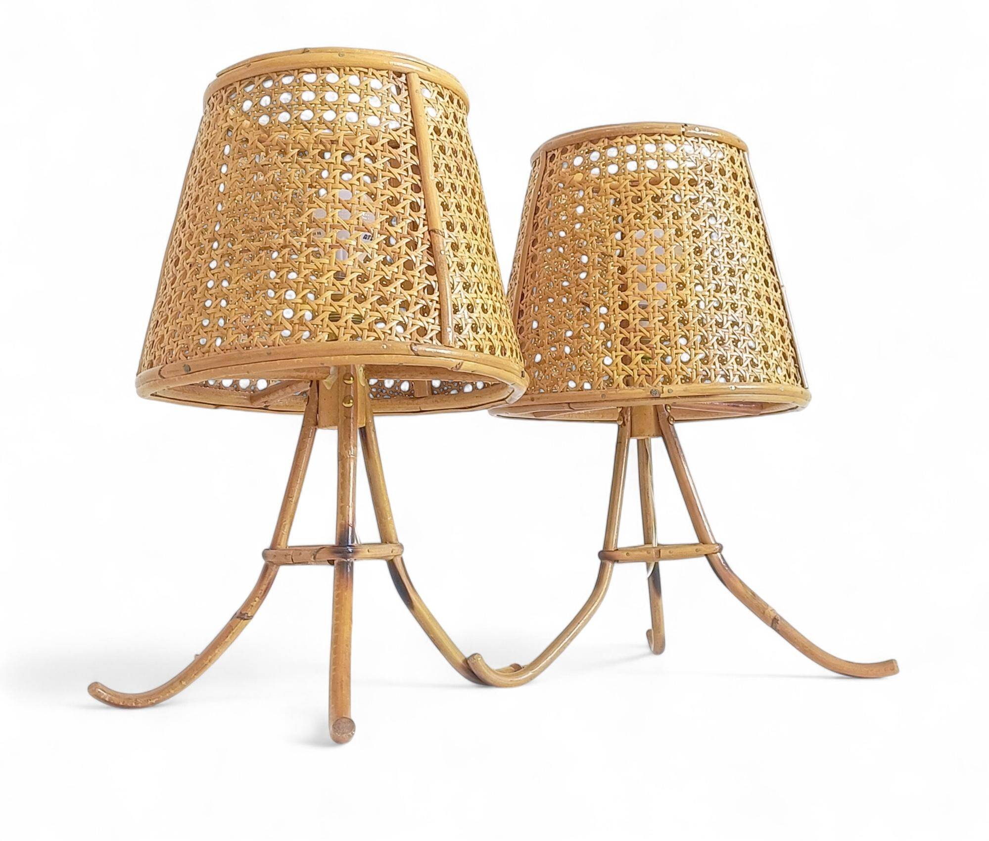 Mid-Century Bamboo and Cane Pair of Large Table Lamps By Louis Sognot, 1970s
