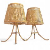 Mid-Century Bamboo and Cane Pair of Large Table Lamps By Louis Sognot, 1970s
