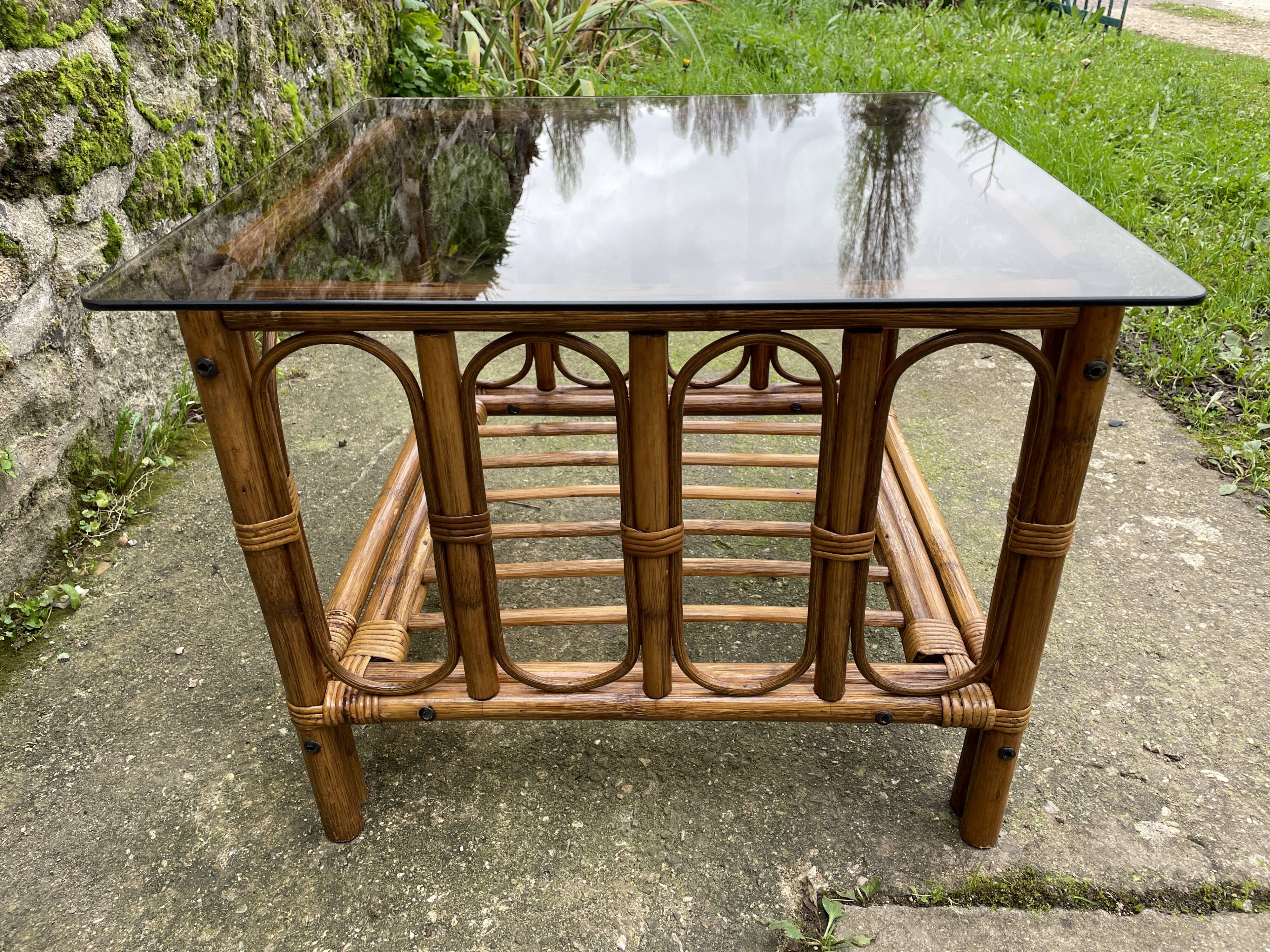 Square coffee table in smoked glass and bamboo, 1970.
