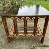 Square coffee table in smoked glass and bamboo, 1970