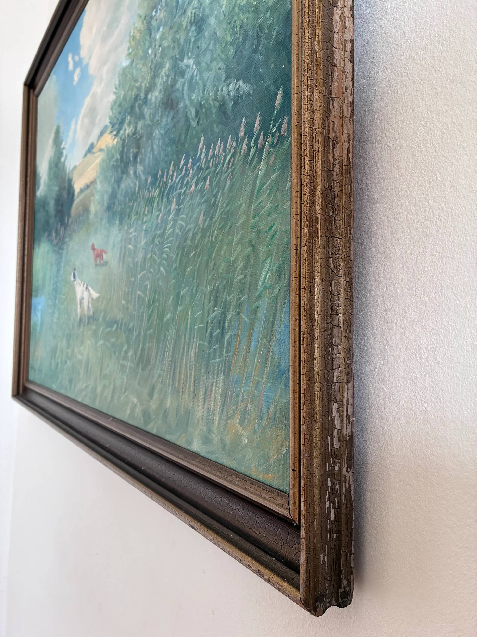 Large vintage original landscape dog oil painting