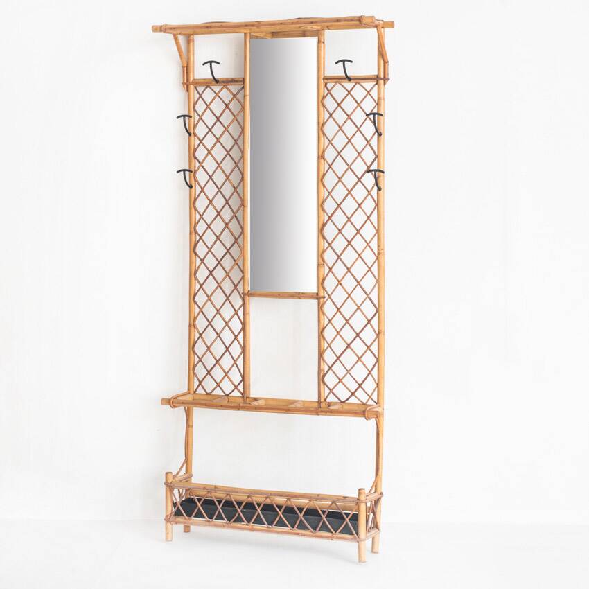 Vintage hall coat rack with mirror. Cane and metal. France, 1960s