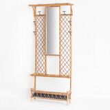 Vintage hall coat rack with mirror. Cane and metal. France, 1960s