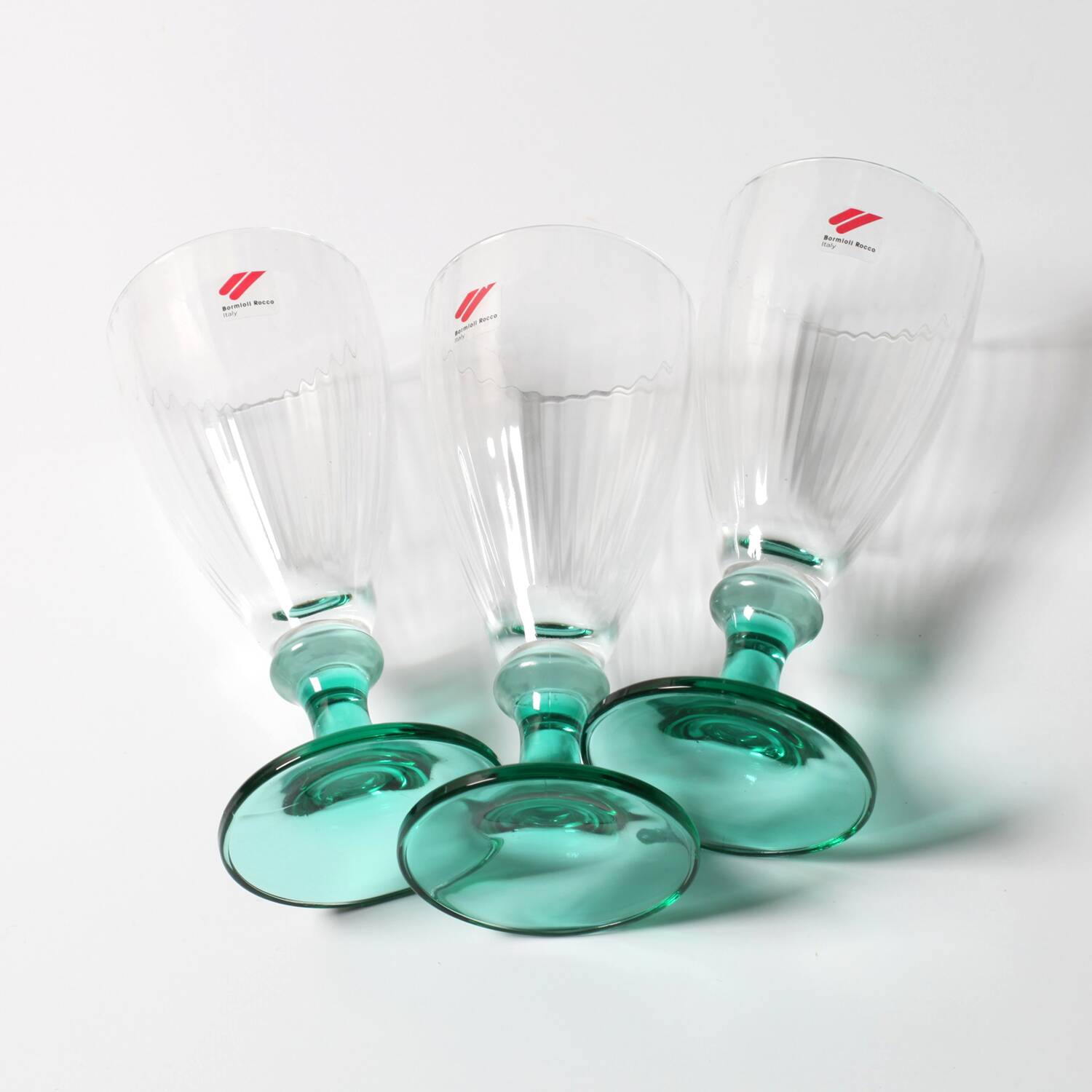 Set of 3 Vintage Bormioli Rocco Wine Glasses: Green Stem Harmonia, 1990s
