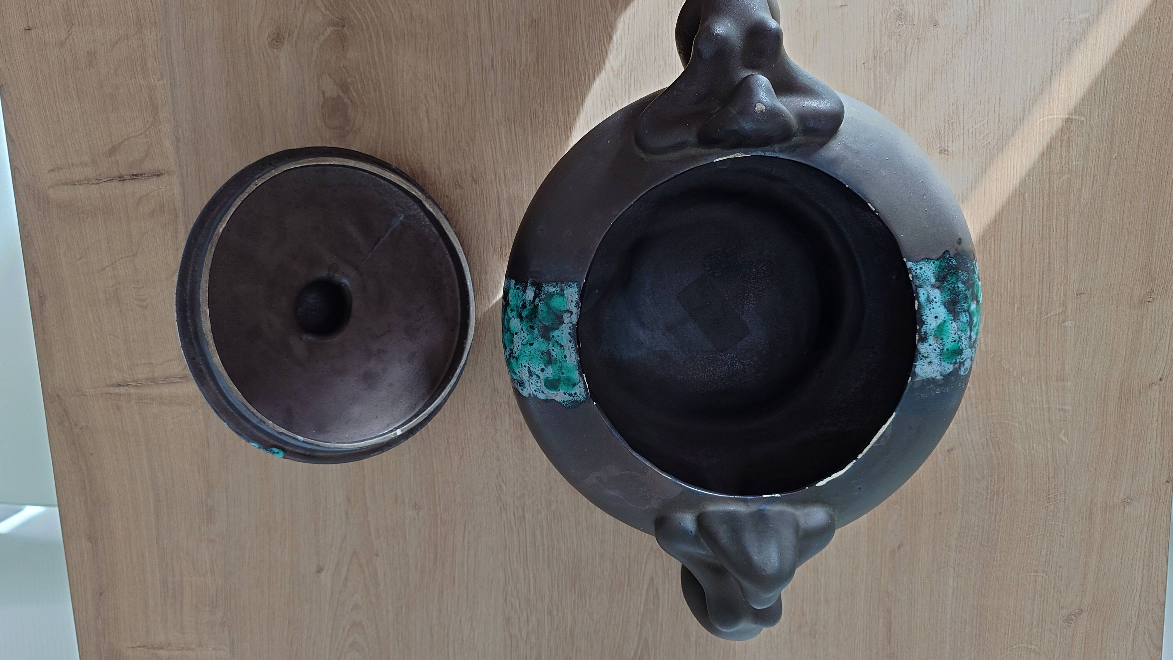 Vintage modernist soup tureen from the 60s-70s, matte brown ceramic and green glaze.