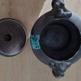 Vintage modernist soup tureen from the 60s-70s, matte brown ceramic and green glaze.