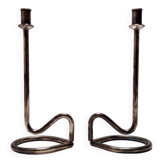 Minimalist Pair of Silver Plated Metal Candleholders in the Style of Sabattini