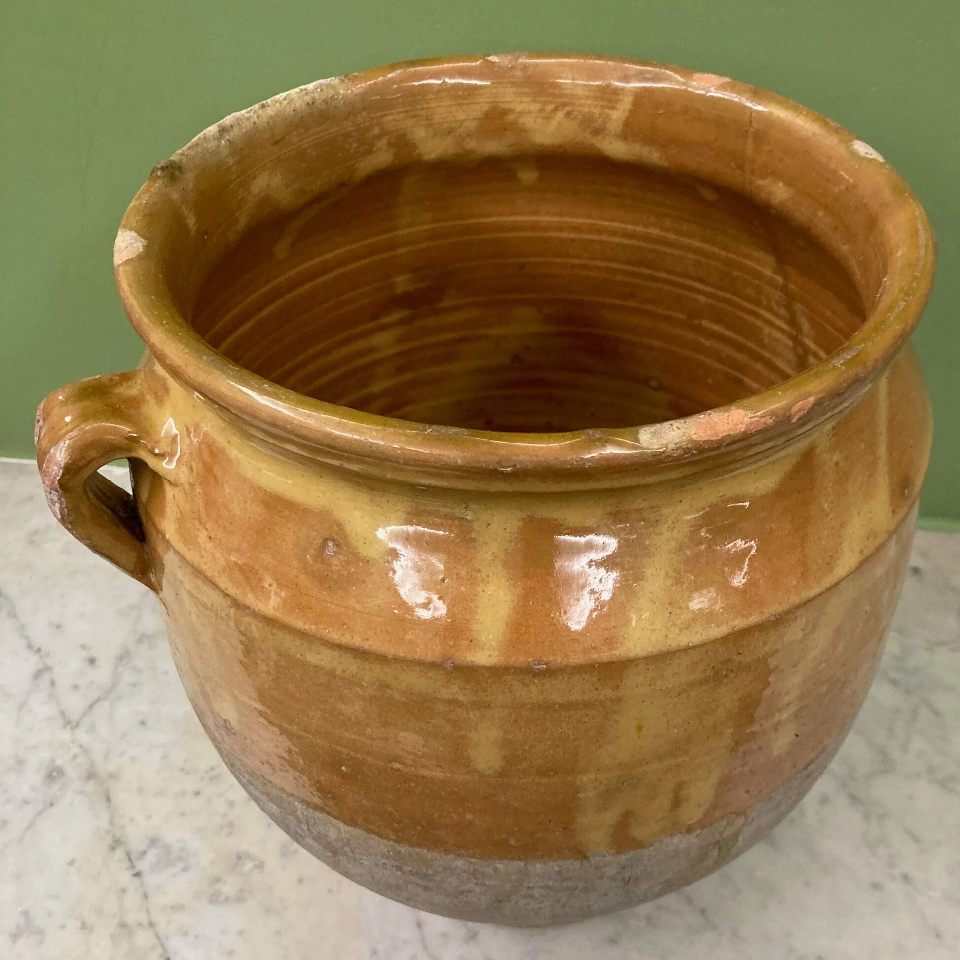 19th-century confit pot. Glazed yellow terracotta pottery.