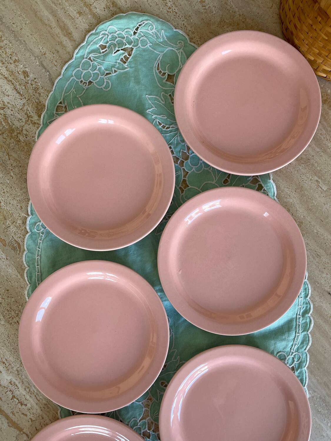 6 powder pink Italian iron earthenware plates