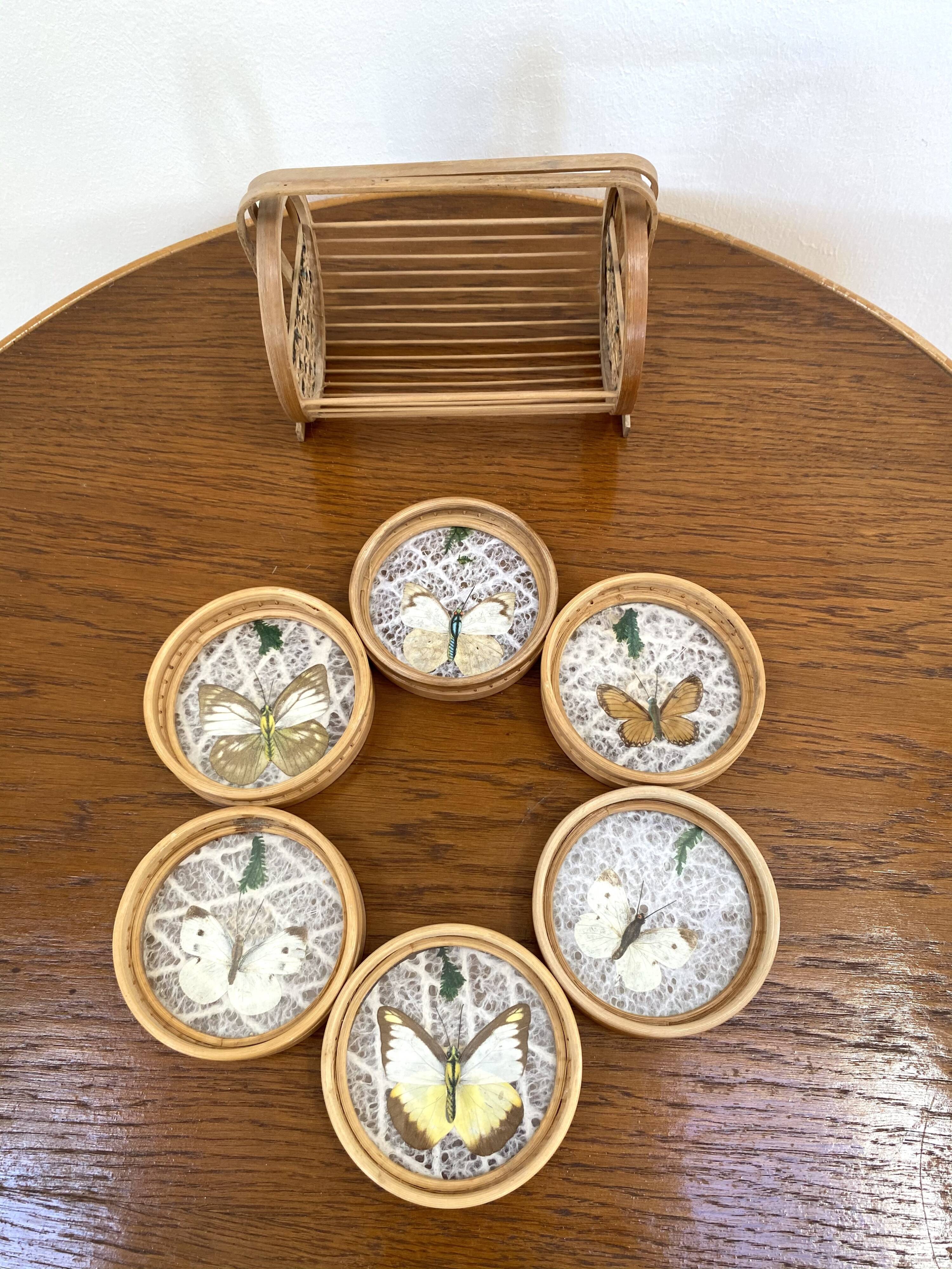 Vintage set of 6 butterfly coasters