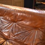 Brutalist sofa in oak and patinated leather, 1960s