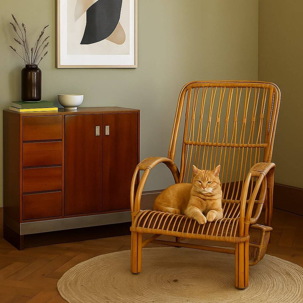 Vintage wicker armchair with magazine rack, Italy, 1960s