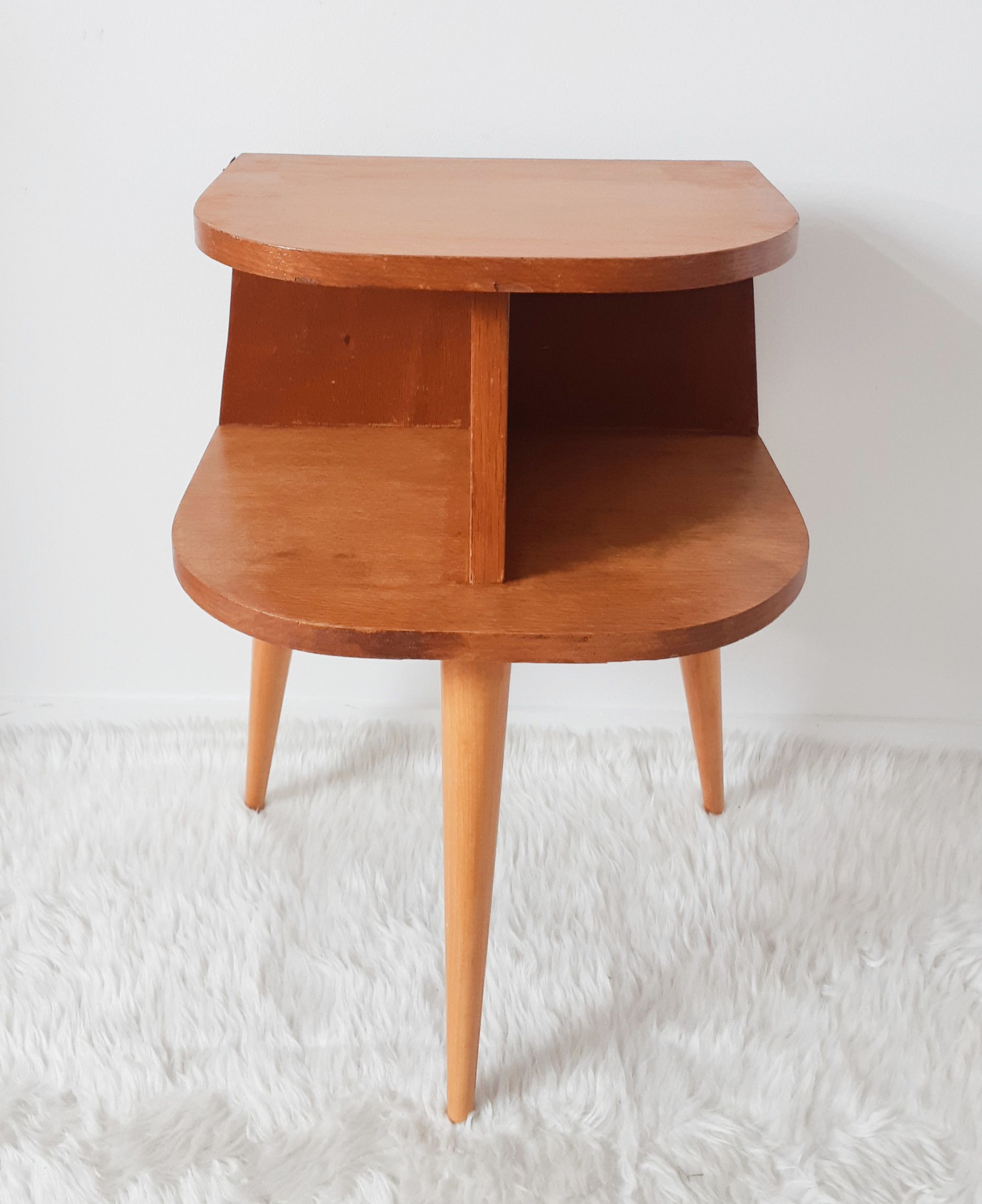 Old bedside table varnished wood, tripod varnished feet, vintage French, 50s (1)