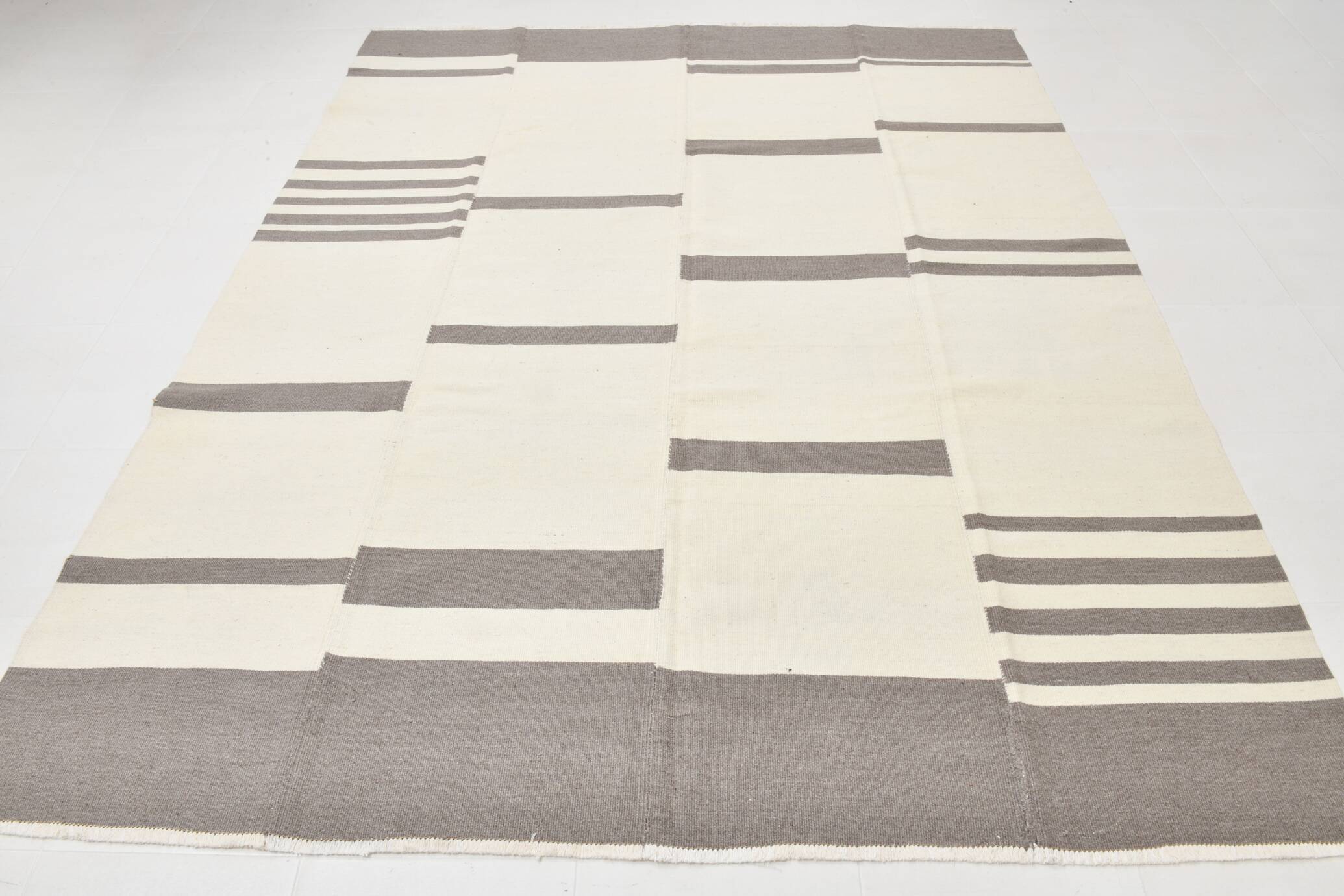 7x9 Cream Gray Handmade Comtemporary Kilim Rug, 225x276Cm