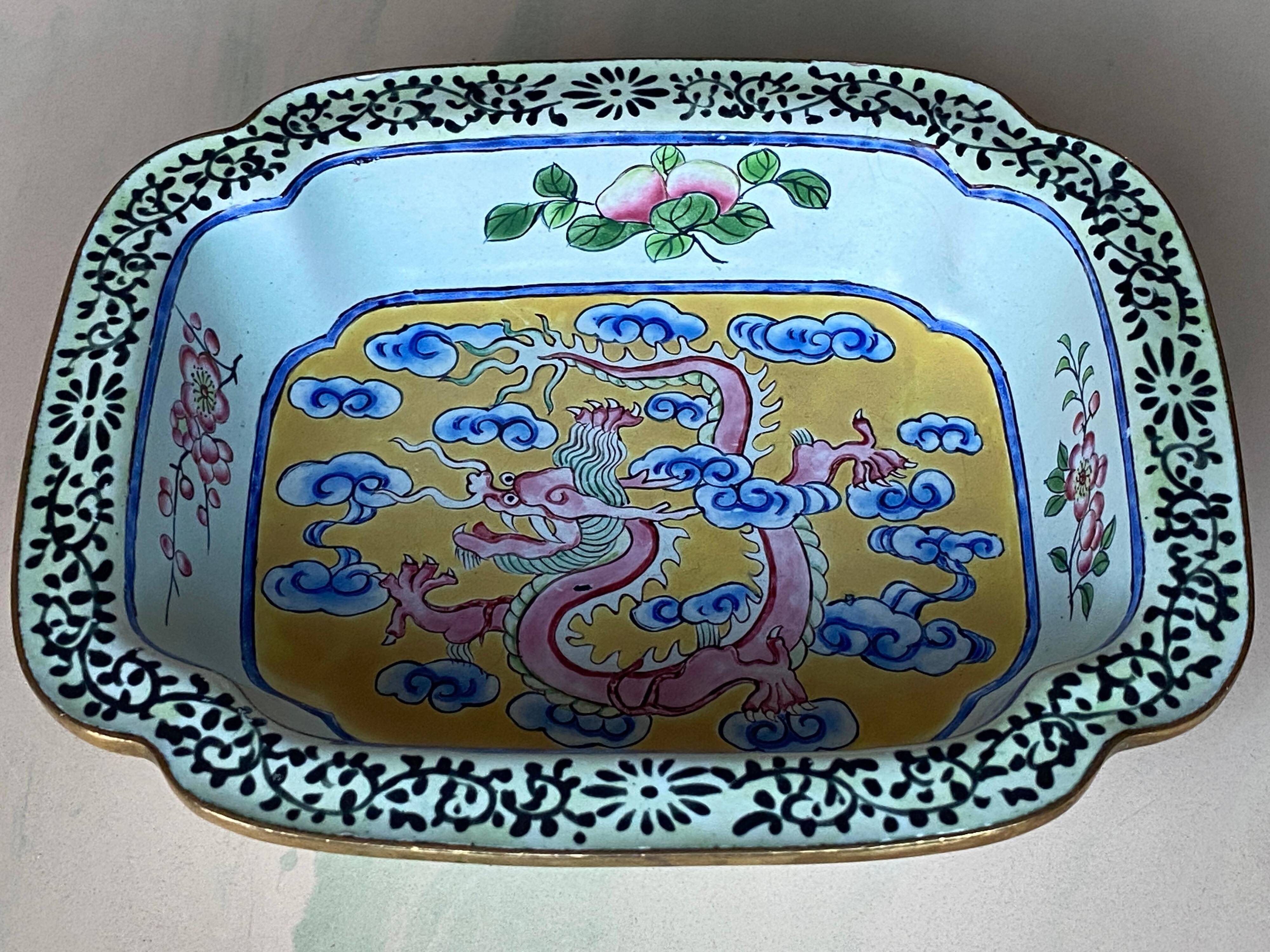 Qianlong period Canton Enamel Square Dish with Dragon, China Late 18th Century
