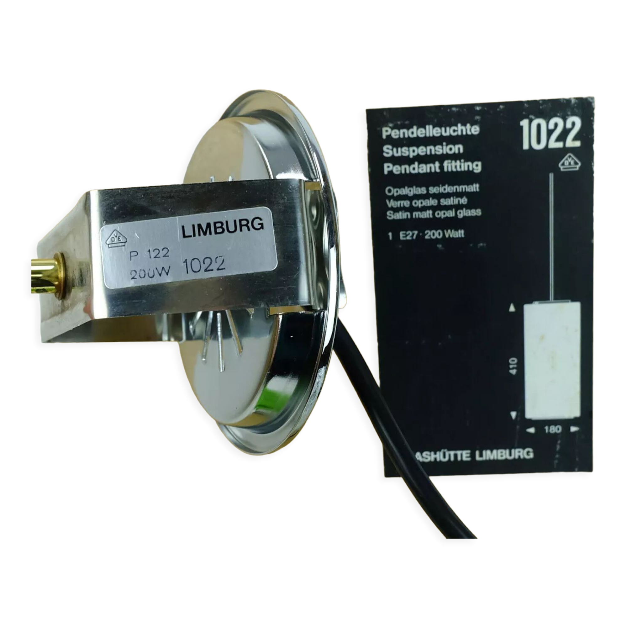 Glashuette Limburg pendant light white cylindrical glass shade and chrome 1970s - 2 available