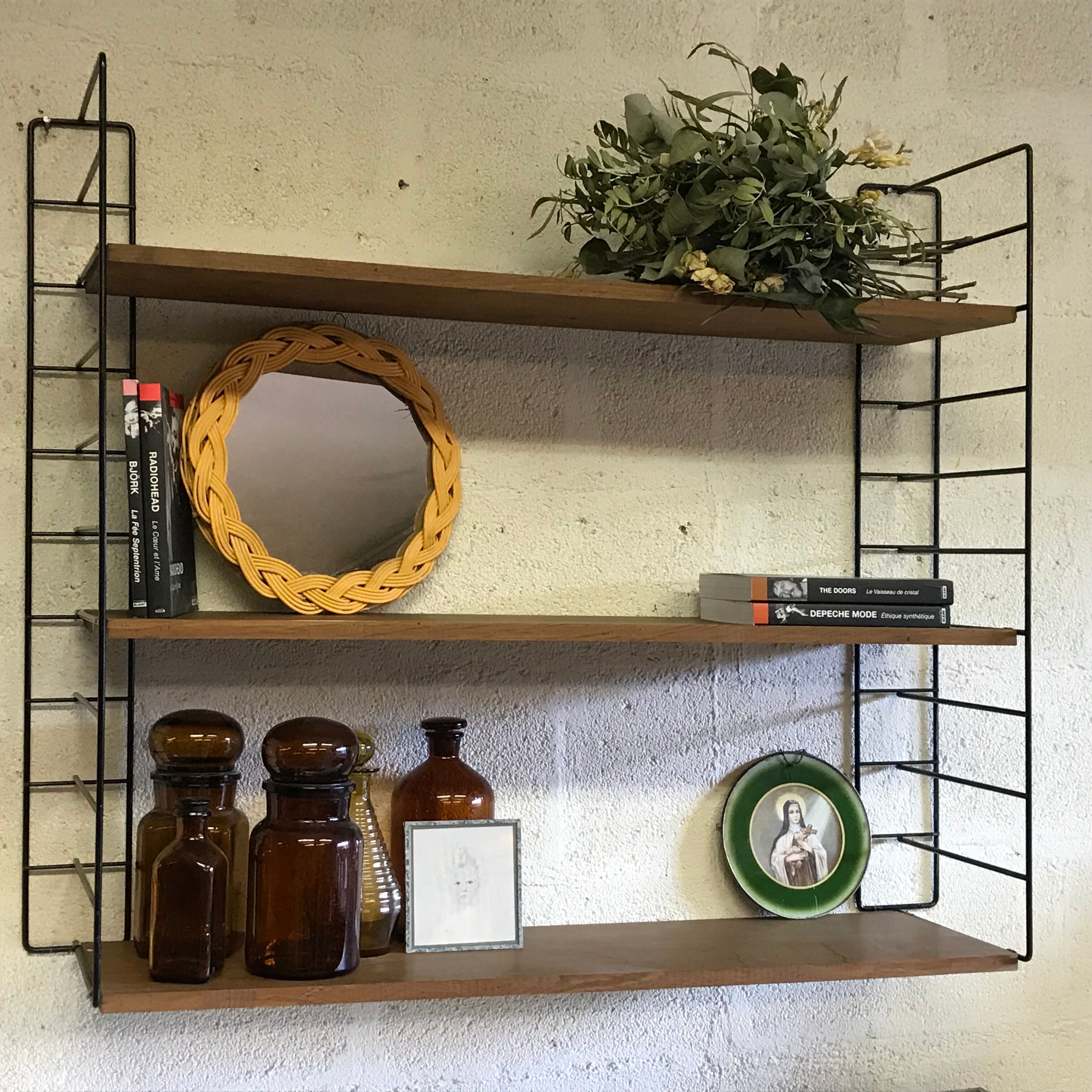 Large beech wood string shelf and black metal Stud