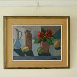 Mid-century original Swedish oil on panel still life with pot plant