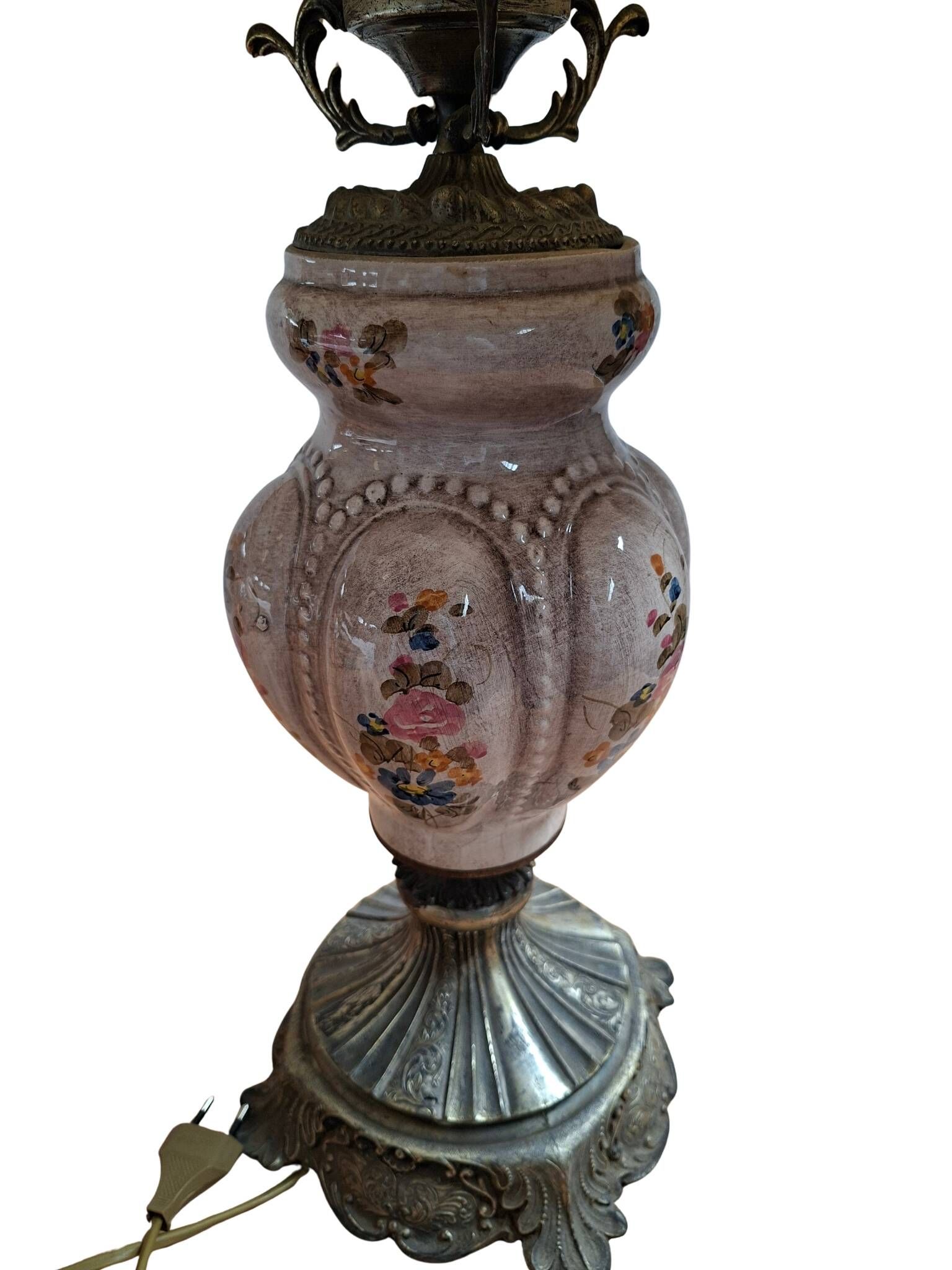 Lampada da Tavolo Vintage in Ceramica dipinta a mano e Velluto Bordeaux