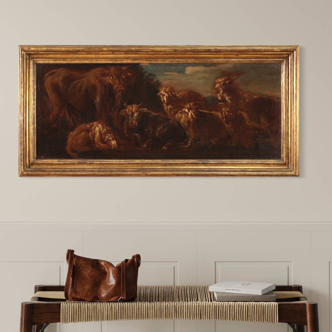 Italian painting from the 17th century, landscape with grazing animals