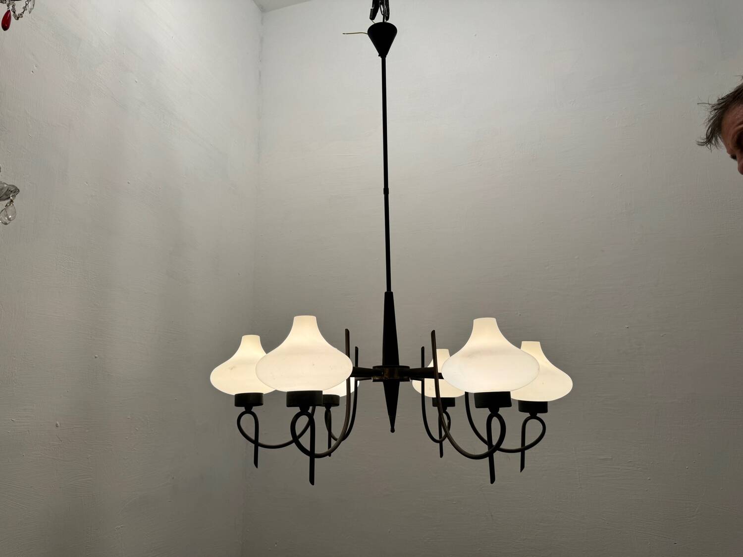 Italian Bronze Opaline Glass Chandelier 1950’s
