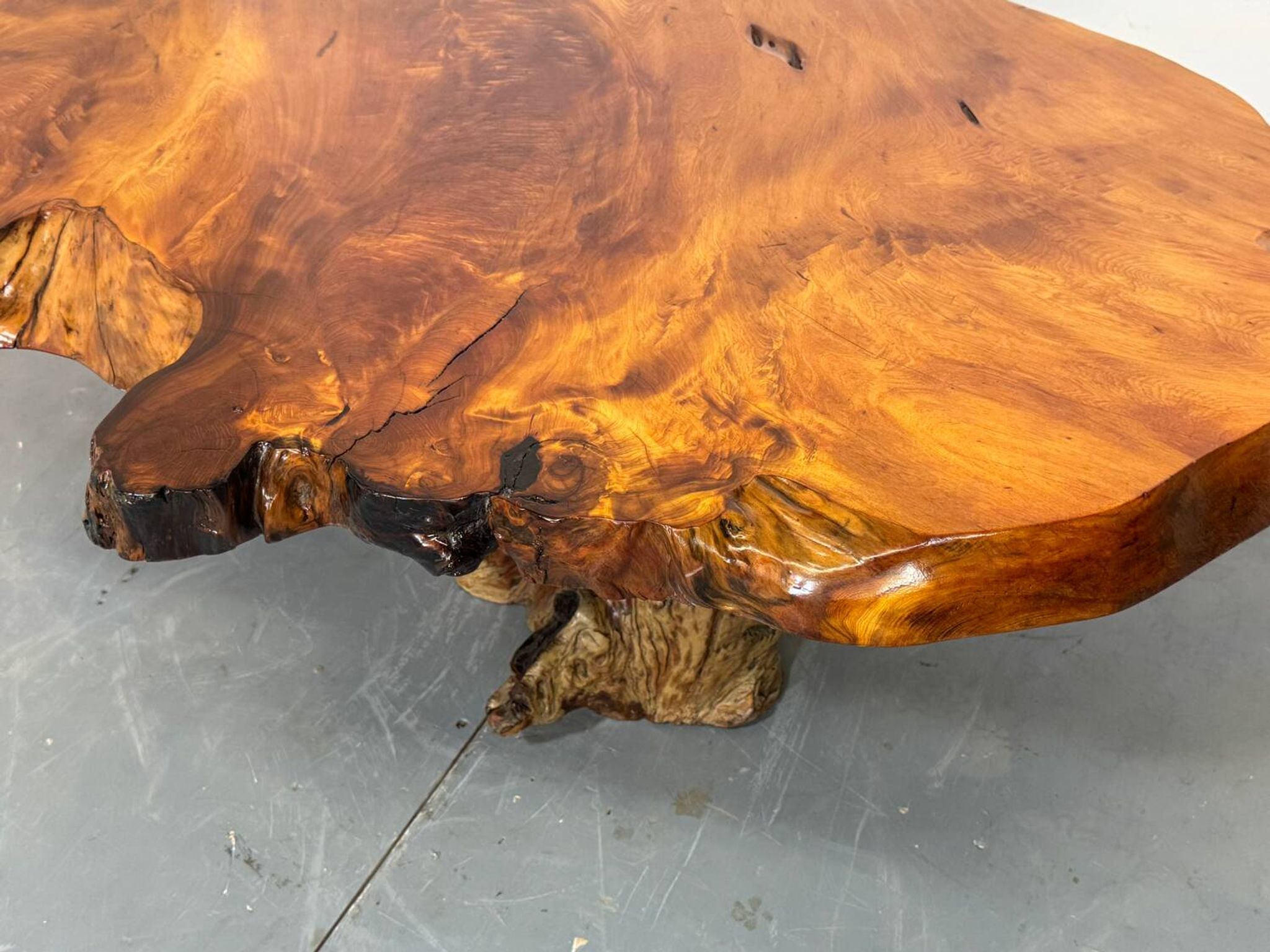 Brutalist Wabi Sabi mid-century coffee table made of natural biological burl wood.