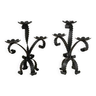 Paire bougeoirs candélabres chandeliers en fer forgé fabrication artisanale décoration brutaliste