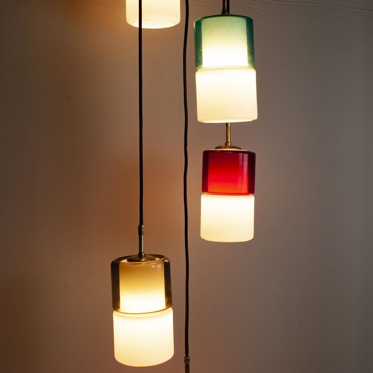 Hanging lamp with five elements in white opaline glass and coloured Murano glass by Putzler Pelill Production, 1960s.