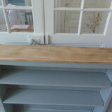 Vintage shallow bookcase, re-enchanted in gray green, wooden tray.