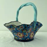 Large earthenware basket, Longwy enamels, turquoise blue cloisonné, twisted handle, stamp