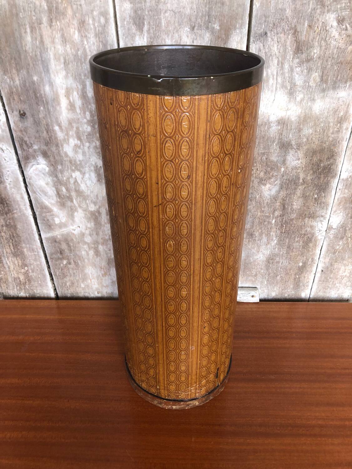 Boiled cardboard umbrella stand + brass strapping + vintage interior tray #a312