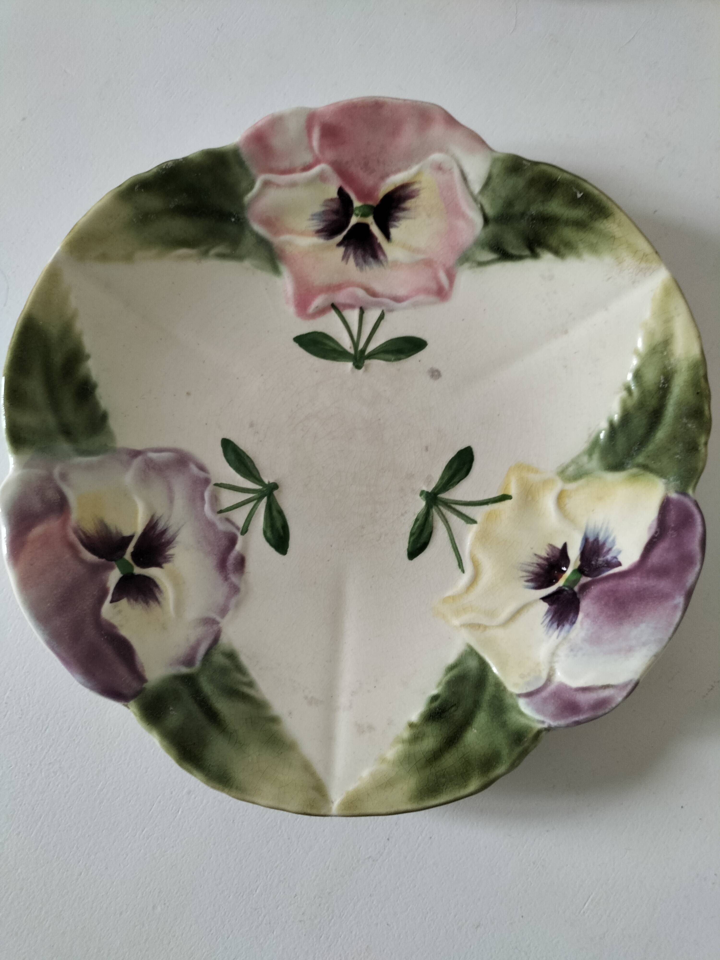 4 barbotine plates with pansies H. Boulenger Choisy-le-Roi