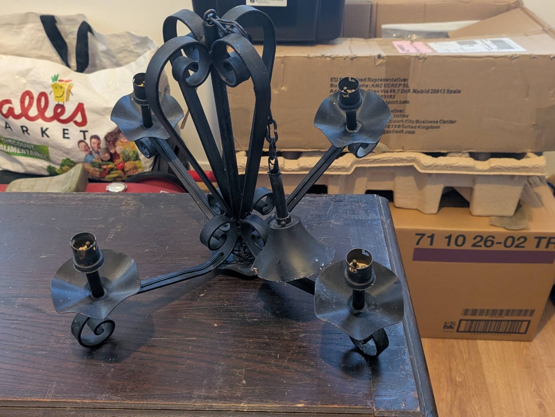 Black Vintage Wrought Iron 4 Light Chandelier - Spanish / Medieval Style