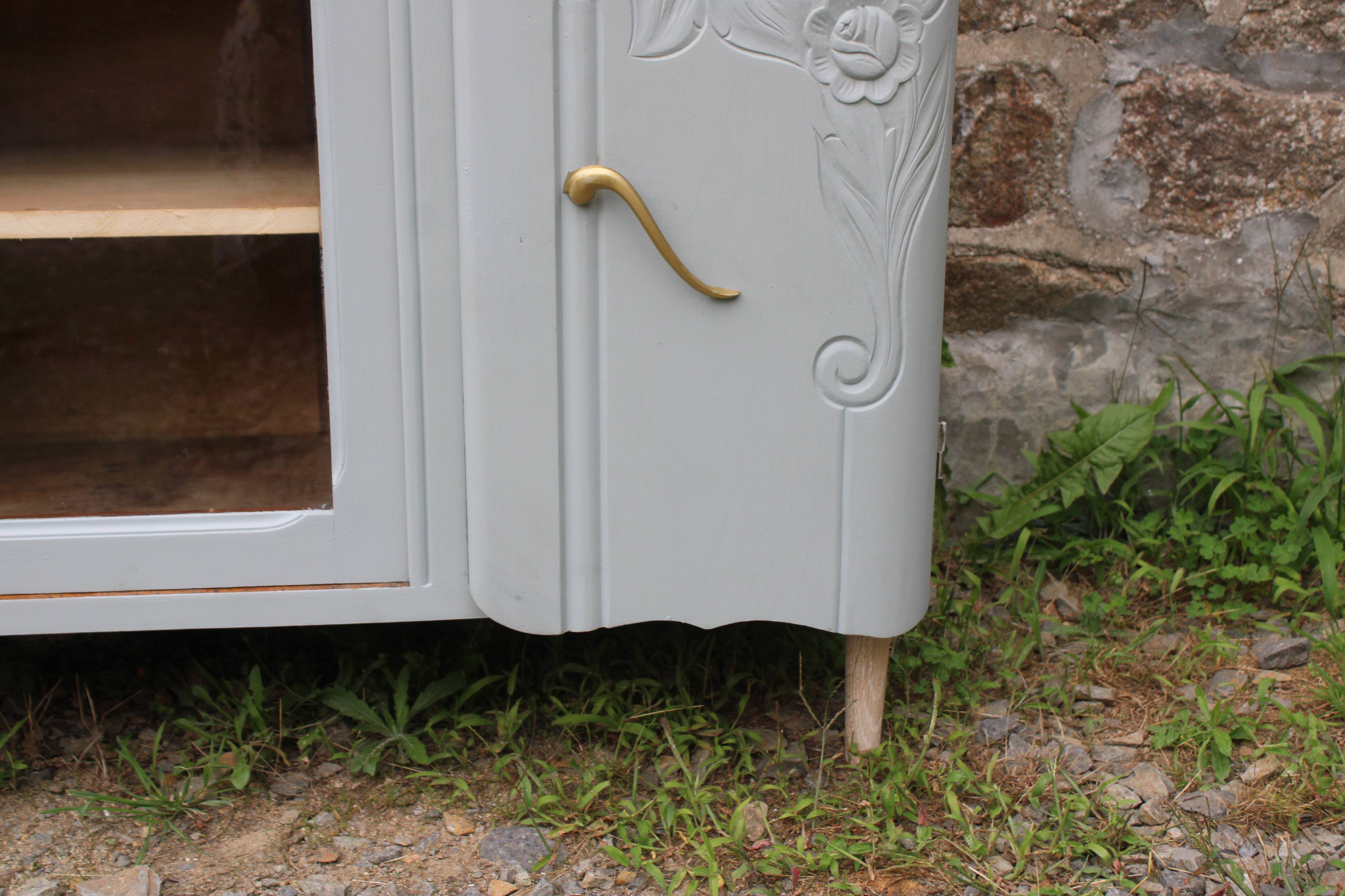 Renovated vintage low sideboard - Unique piece of furniture with floral moldings