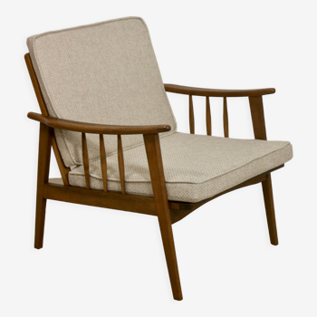 Fauteuil scandinave 1960 accoudoirs incurvés, tissu gris chiné