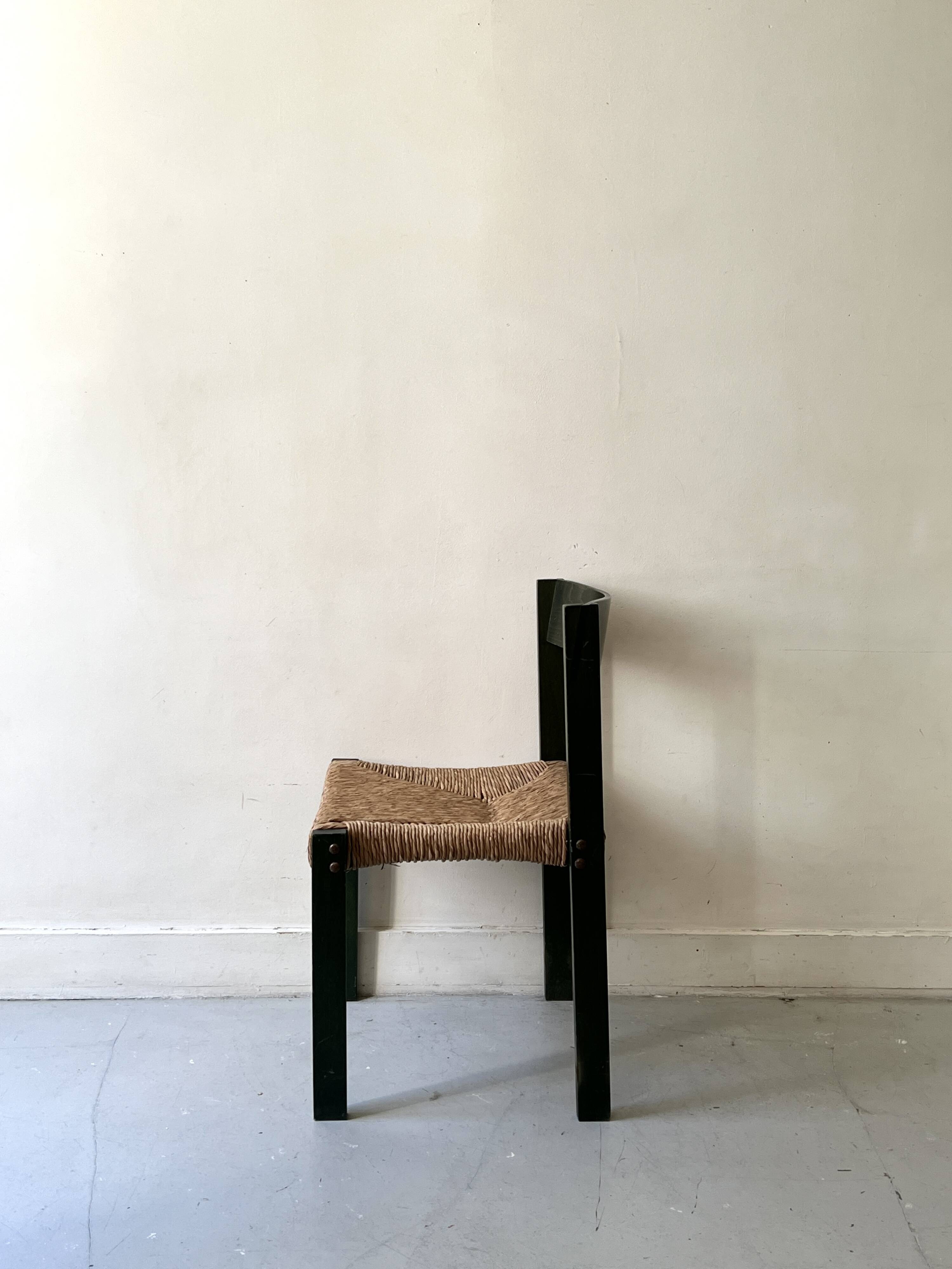 Bottle green patinated wooden straw chair, France 1950