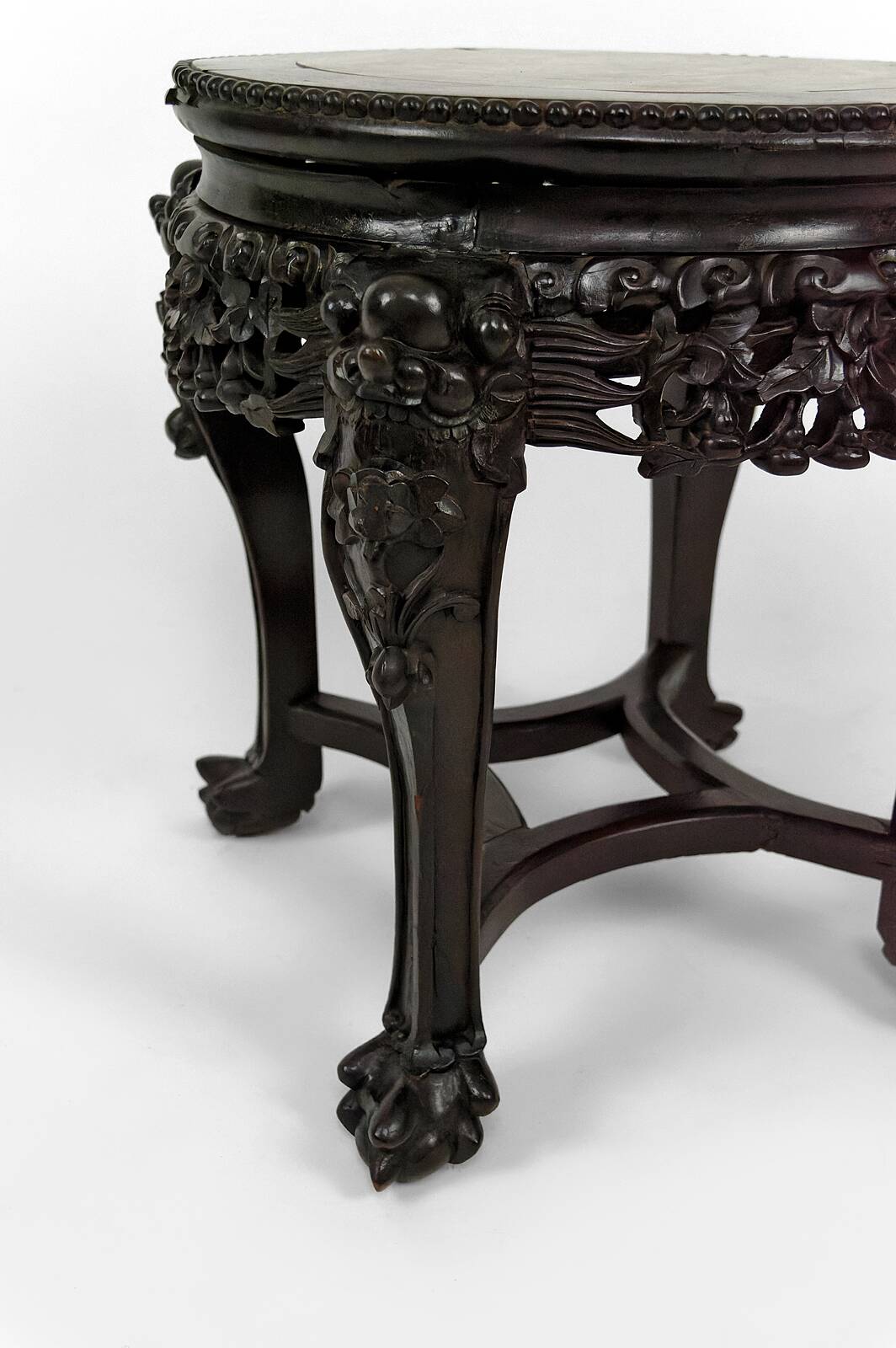 Asian wooden stand carved with Demons, marble top, Indochina, circa 1880