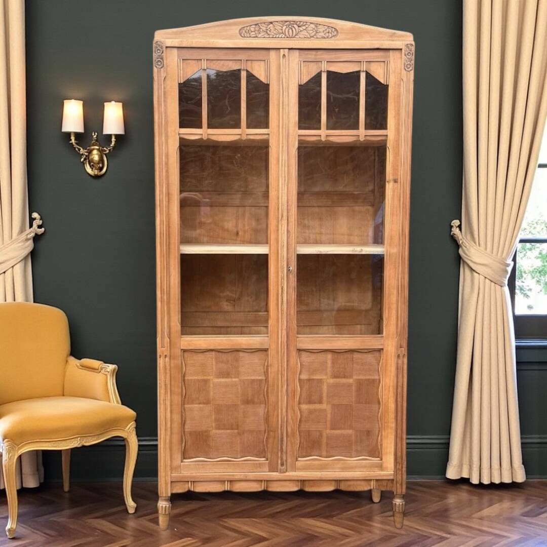 Parisian glass-fronted Art Deco wardrobe in solid raw walnut.