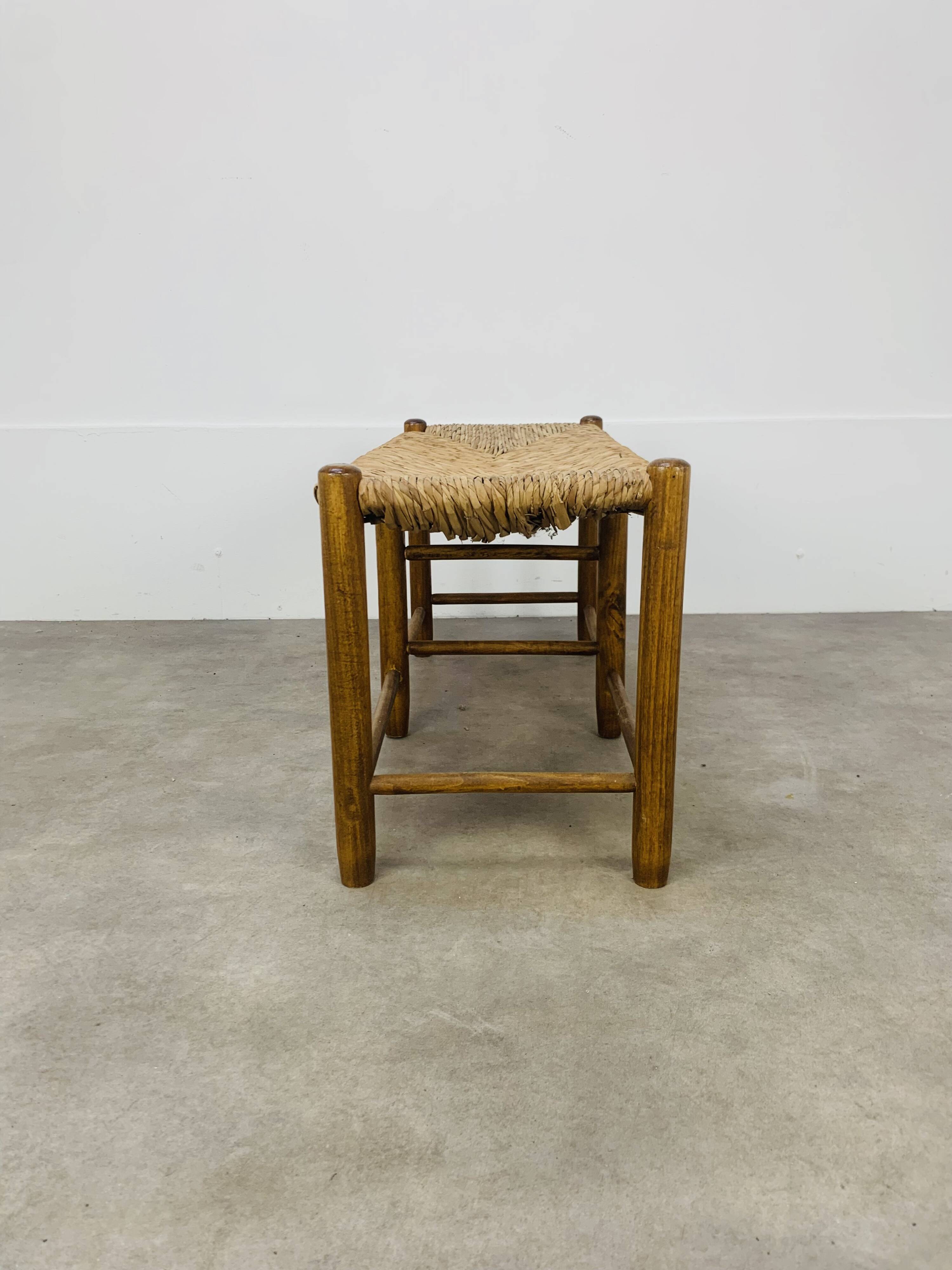 Vintage straw and wood bench, 1960s, country/mountain style