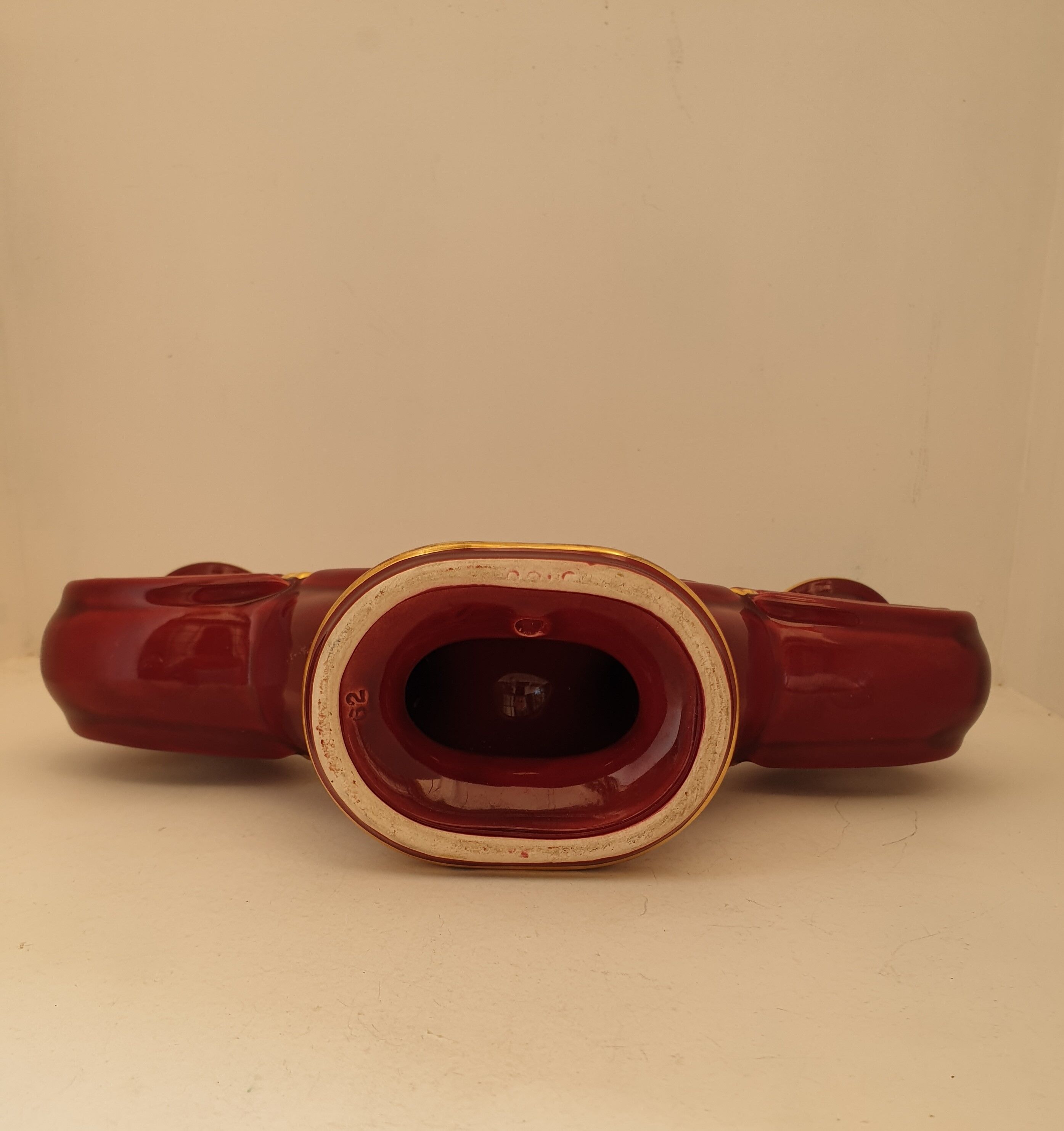 Double art deco lamp foot in bordeaux and gold ceramics