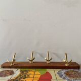 Vintage wooden wall coat rack with 4 double golden aluminum hooks