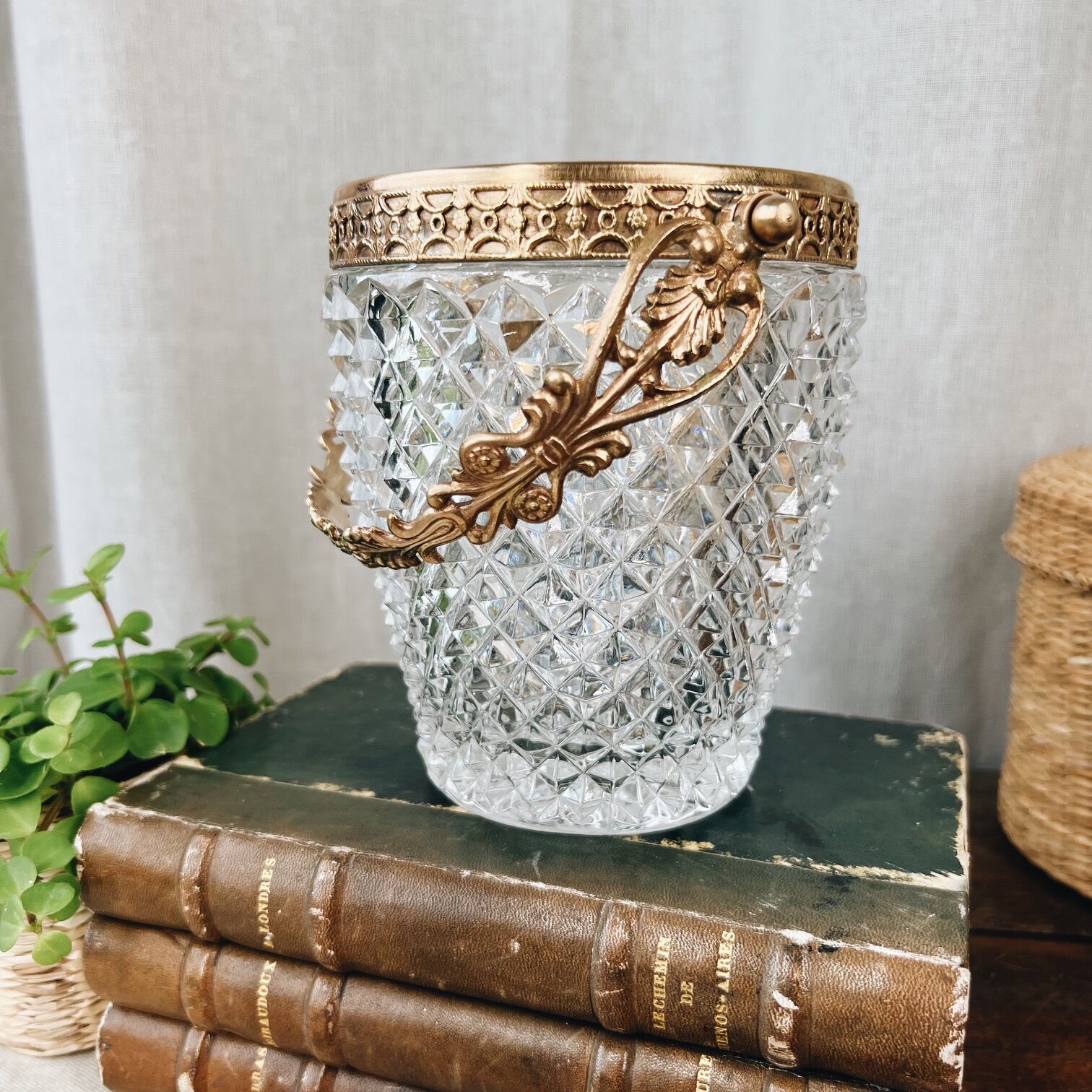 Seau à glace vintage en verre et métal doré