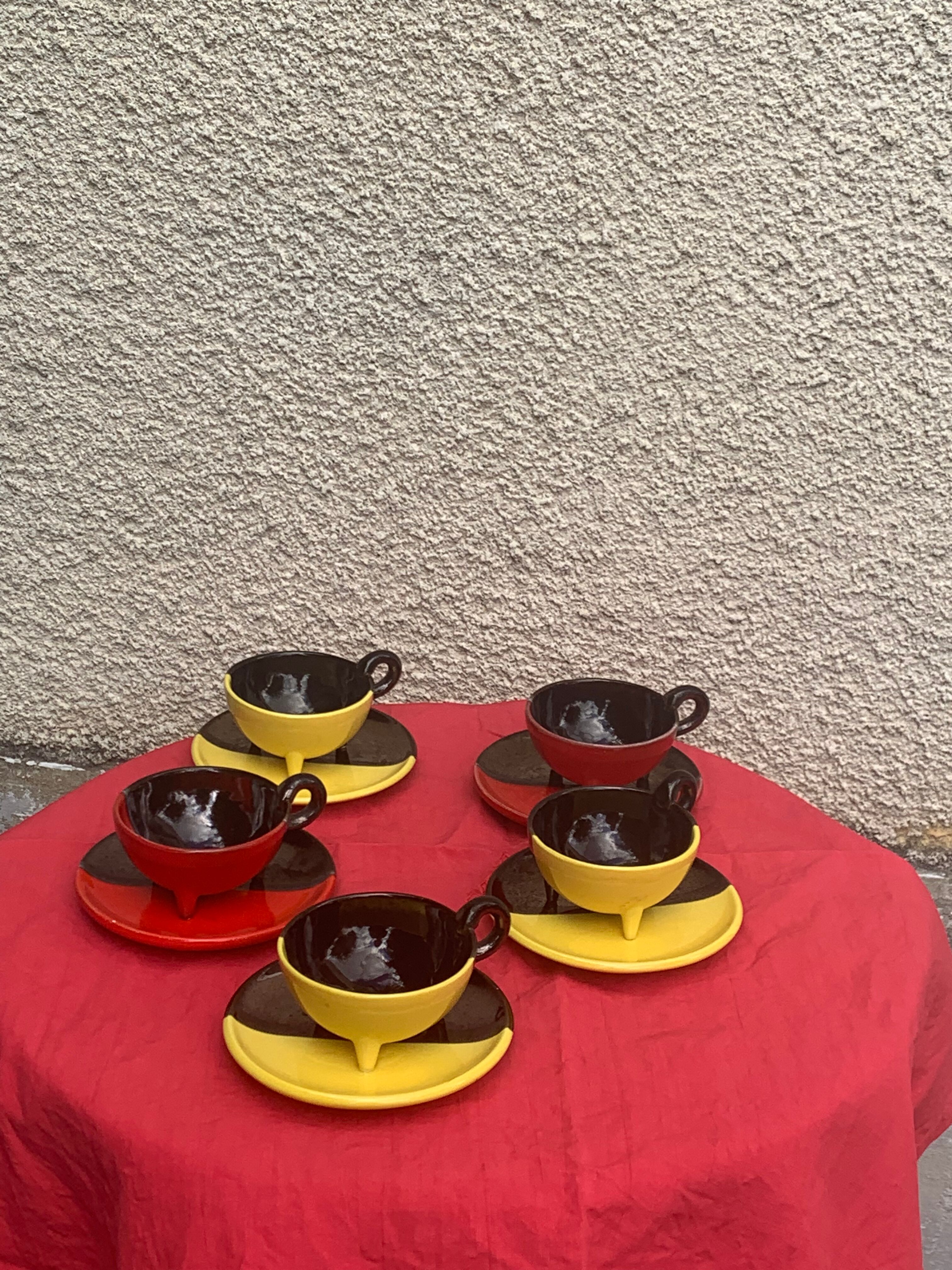 5 cups and 5 saucers signed Luc vallauris vintage
