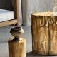 Table d'appoint en bois pétrifié orange doré et blanche ovale H46 D38 - 333