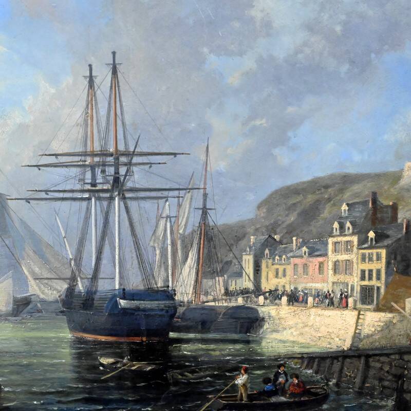 Tableau "Quay in Light", oil on panel, signed Jules d'Évry – Mid 19th century