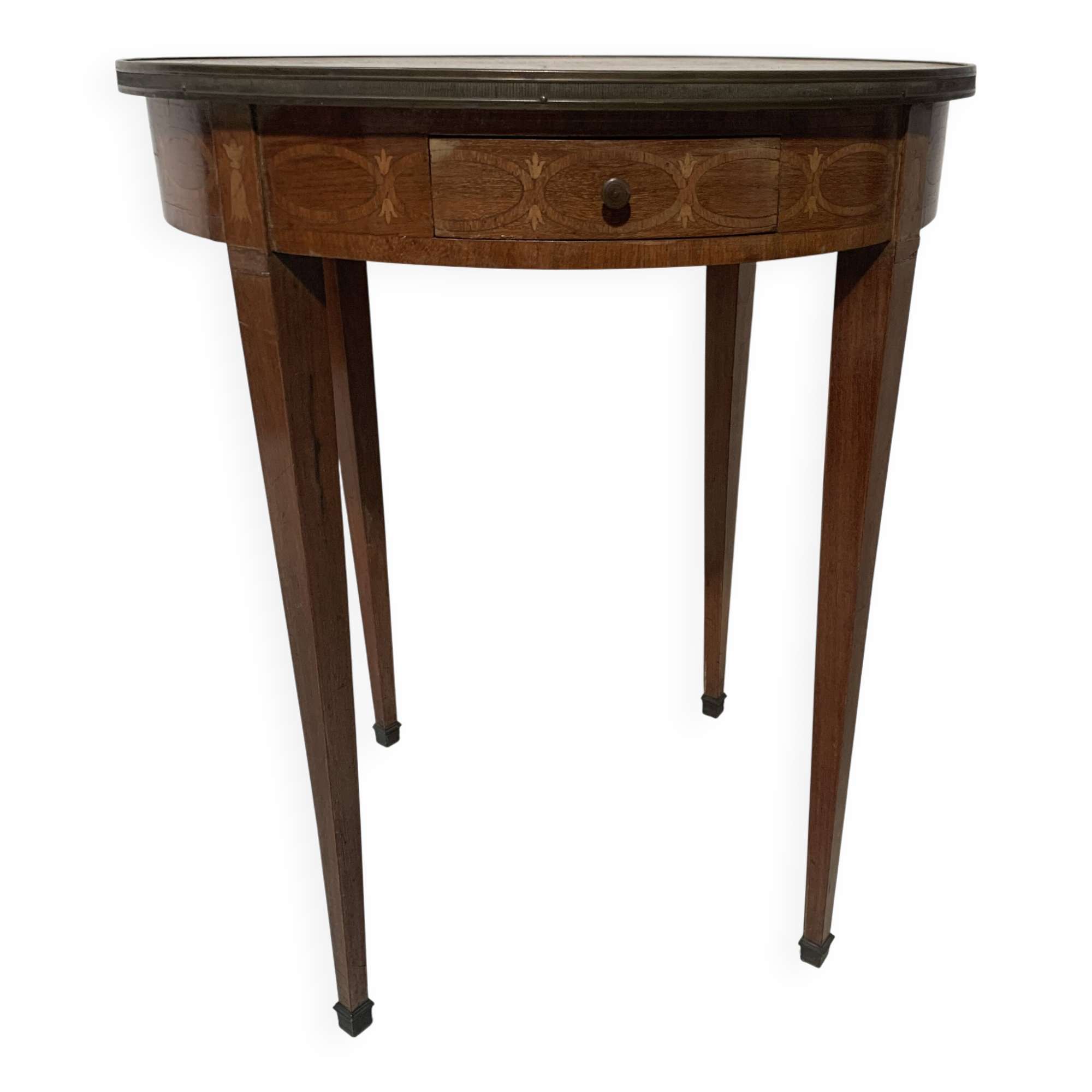 Round Louis XVI style pedestal table in marquetry wood, 20th century